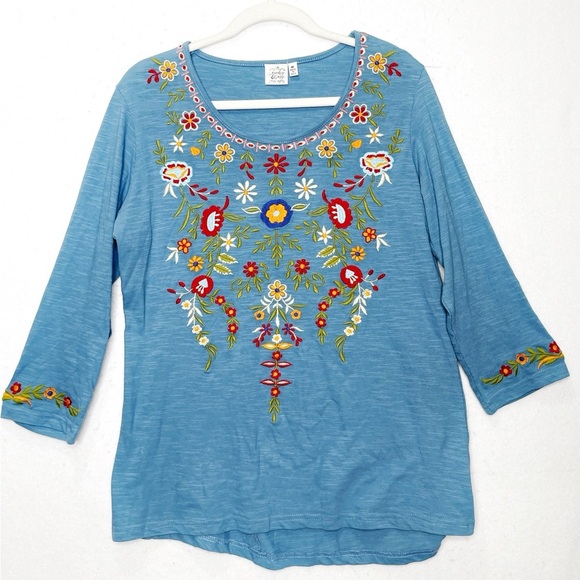 Parsley & Sage Blue Cotton Floral Embroidered Top 3/4 Sleeves Boho - Picture 1 of 4